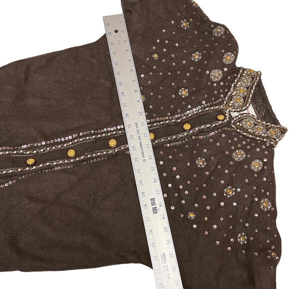 Vintage Vango Cardigan S Brown‎ Angora Beaded Embellished Mock Neck 70s Coquette - Picture 7 of 13